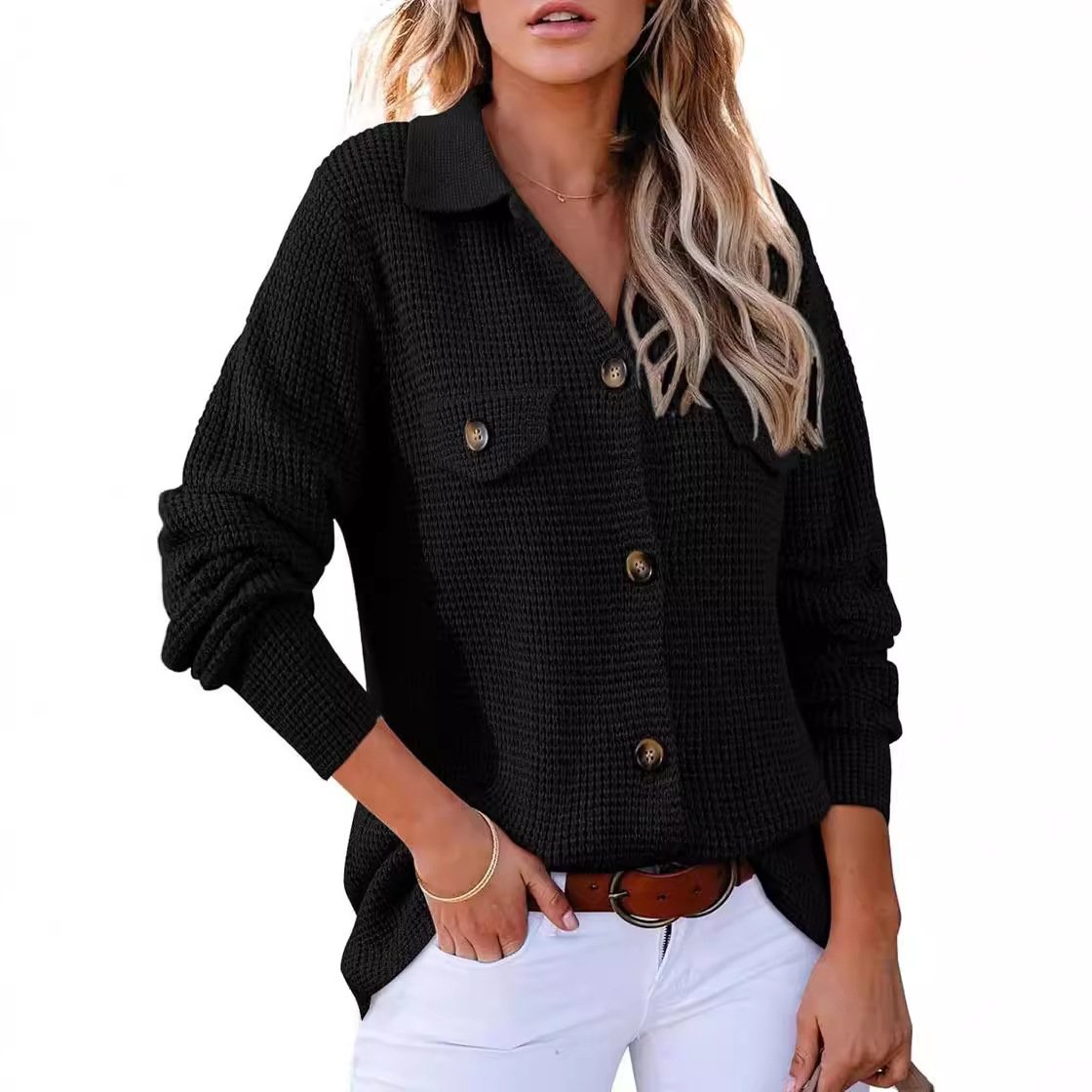 Women's Long Sleeve Blouse Spring/Fall Black Plain Buckle Shirt Collar Daily Going Out Casual Top