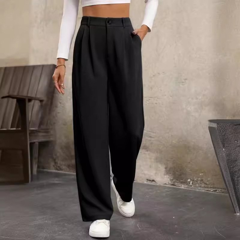 Women's  H-Line Straight Pants Daily Going Out Pants Black Casual Buckle Plain Spring/Fall Pants