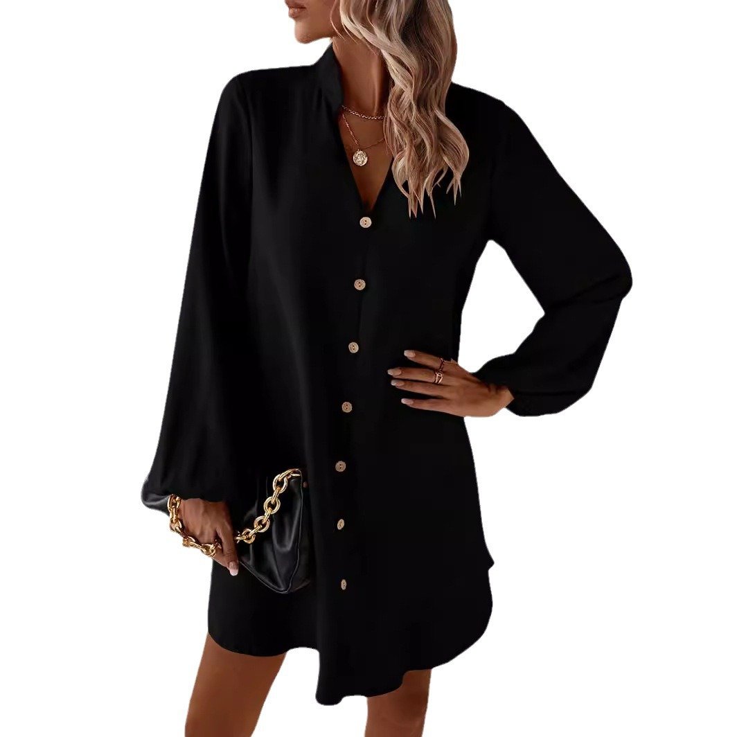 Women's Long Sleeve Summer Black Plain Buckle V Neck Daily Going Out Casual Knee Length H-Line Dress