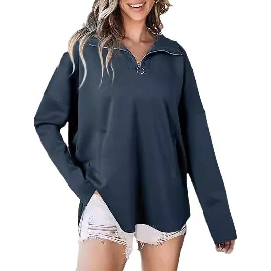 Zipper Shawl Collar Casual Loose Sweatshirt With No