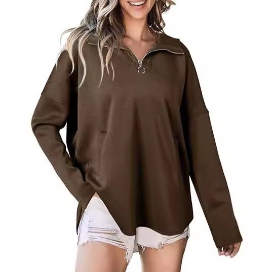 Zipper Shawl Collar Casual Loose Sweatshirt With No