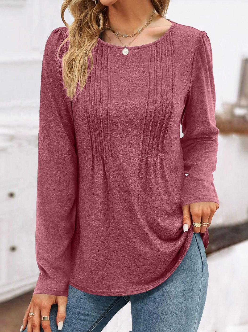 Women Plain Crew Neck Casual Long Sleeve T-shirt