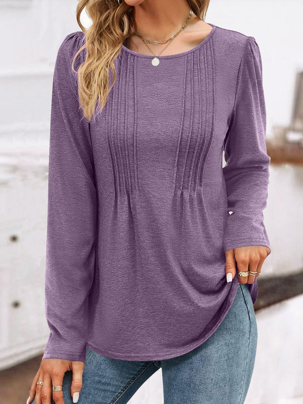 Women Plain Crew Neck Casual Long Sleeve T-shirt