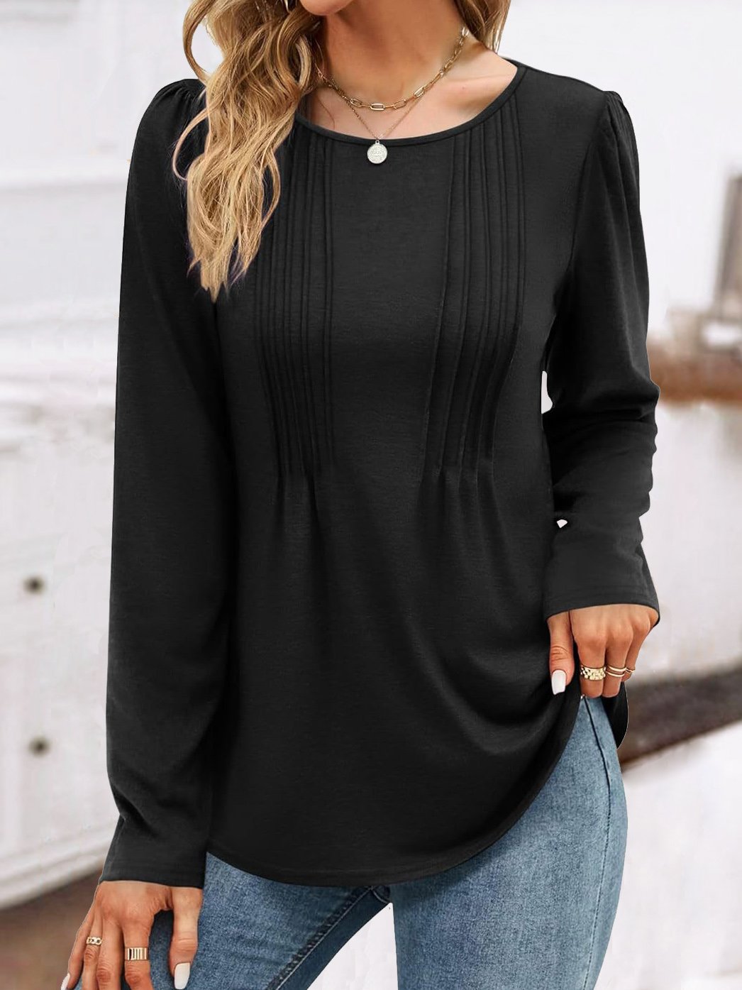 Women Plain Crew Neck Casual Long Sleeve T-shirt