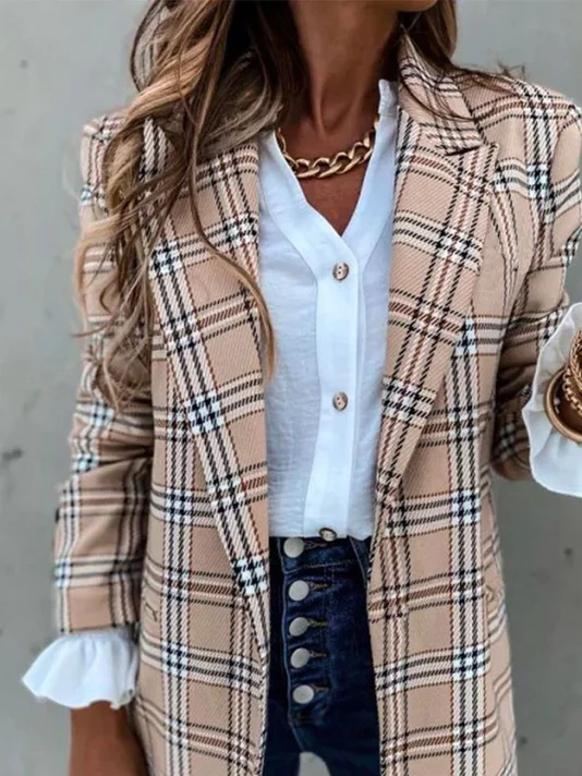 Lapel Collar Casual Loose Plaid Blazer