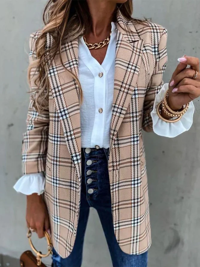 Lapel Collar Casual Loose Plaid Blazer