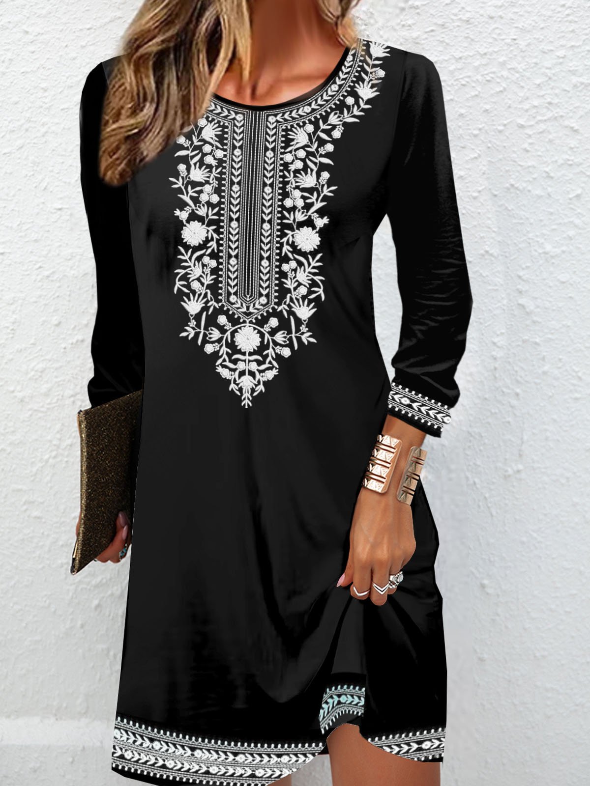 Ethnic pattern casual round neck dress