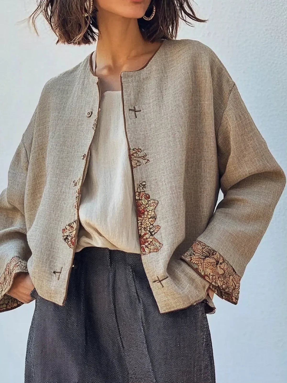 Regular Fit Crew Neck Linen Jacket