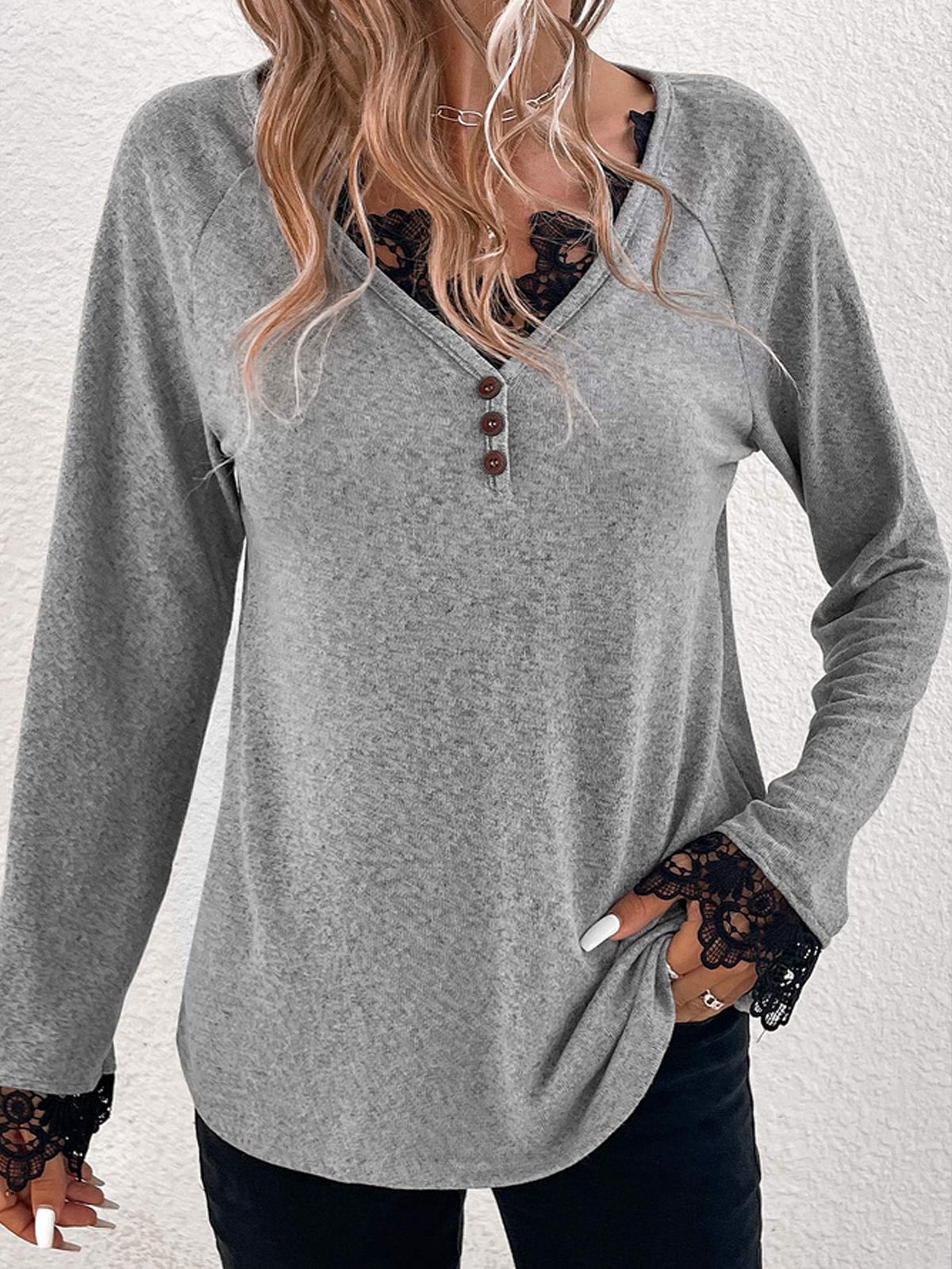 Women Plain V Neck Casual Long Sleeve T-shirt