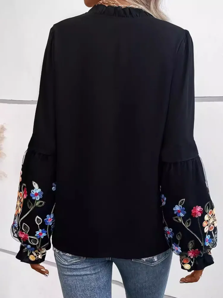 Embroidery Casual Plain Blouse