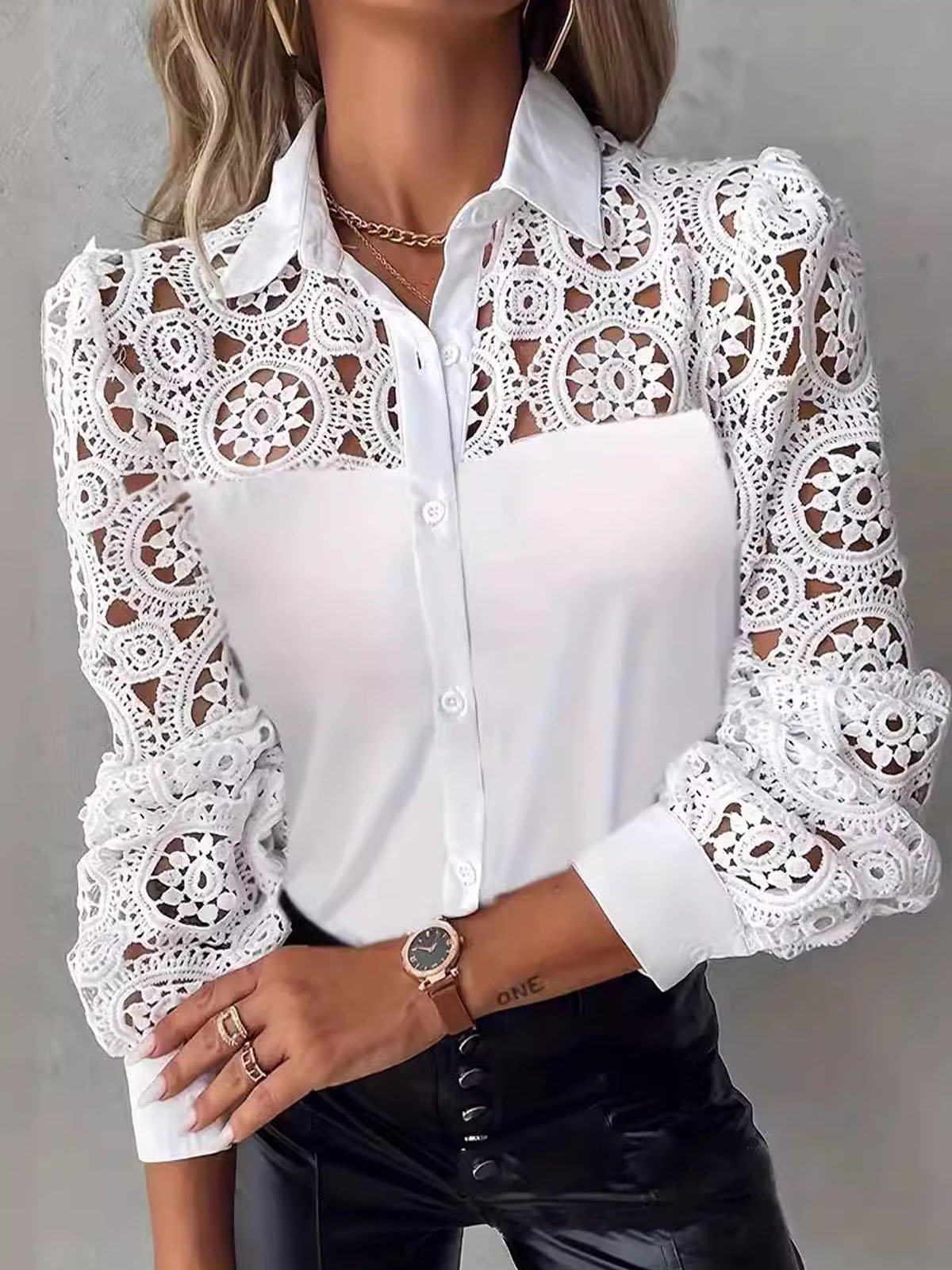 Shirt Collar Casual Lace Shirt