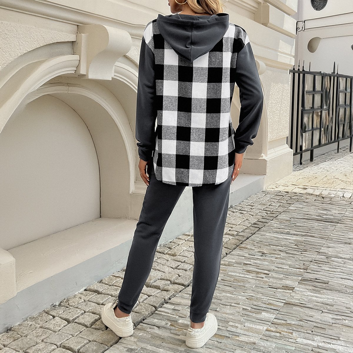 Casual Shawl Collar Plaid Jersey Two-Piece Set