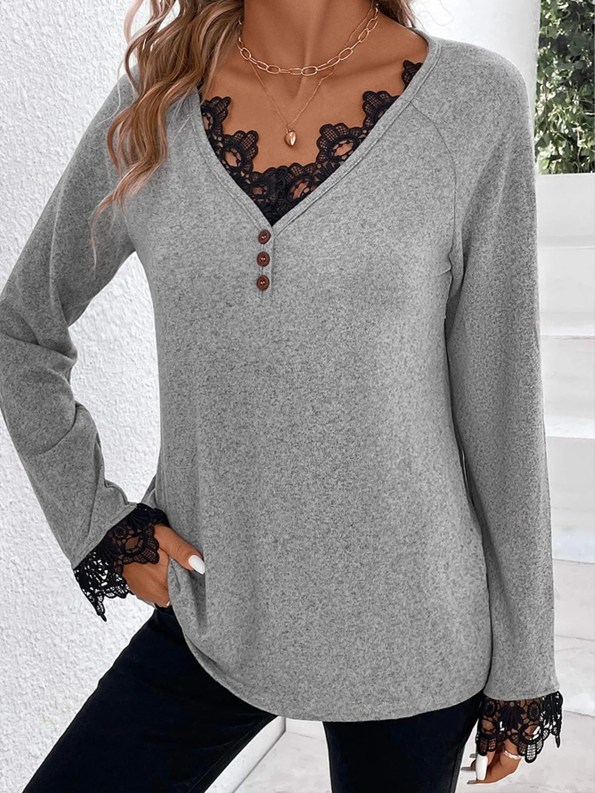 Women Plain V Neck Casual Long Sleeve T-shirt