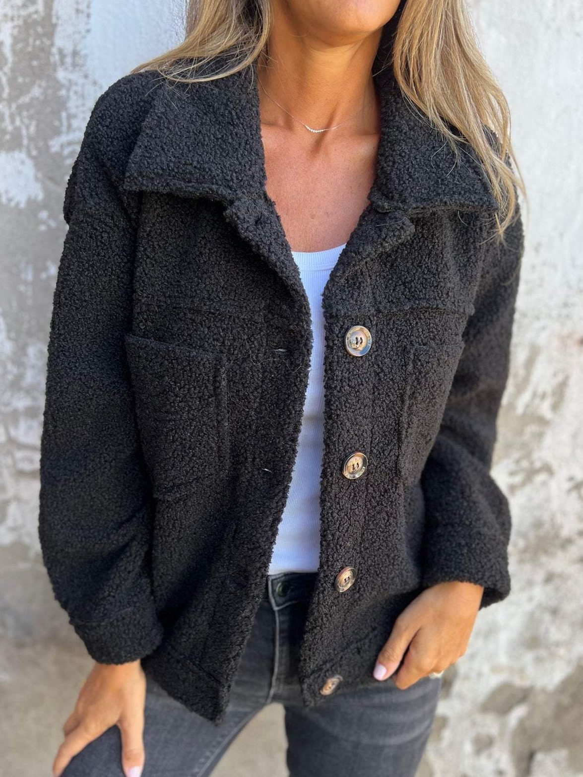 Casual Loose Shawl Collar Plain Teddy Jacket