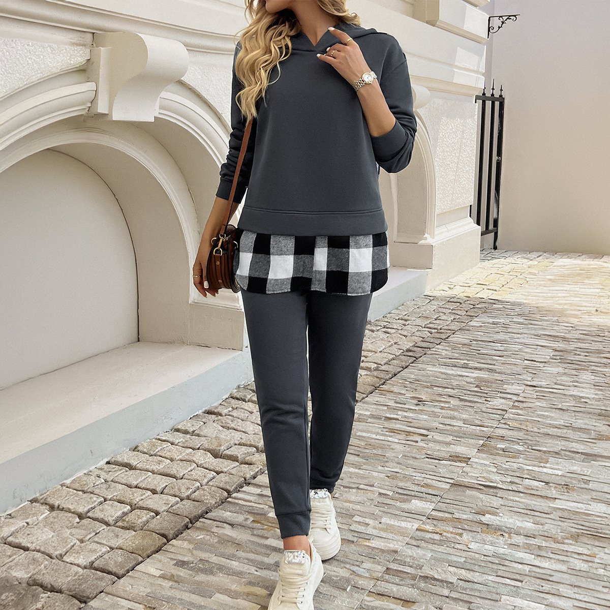 Casual Shawl Collar Plaid Jersey Two-Piece Set