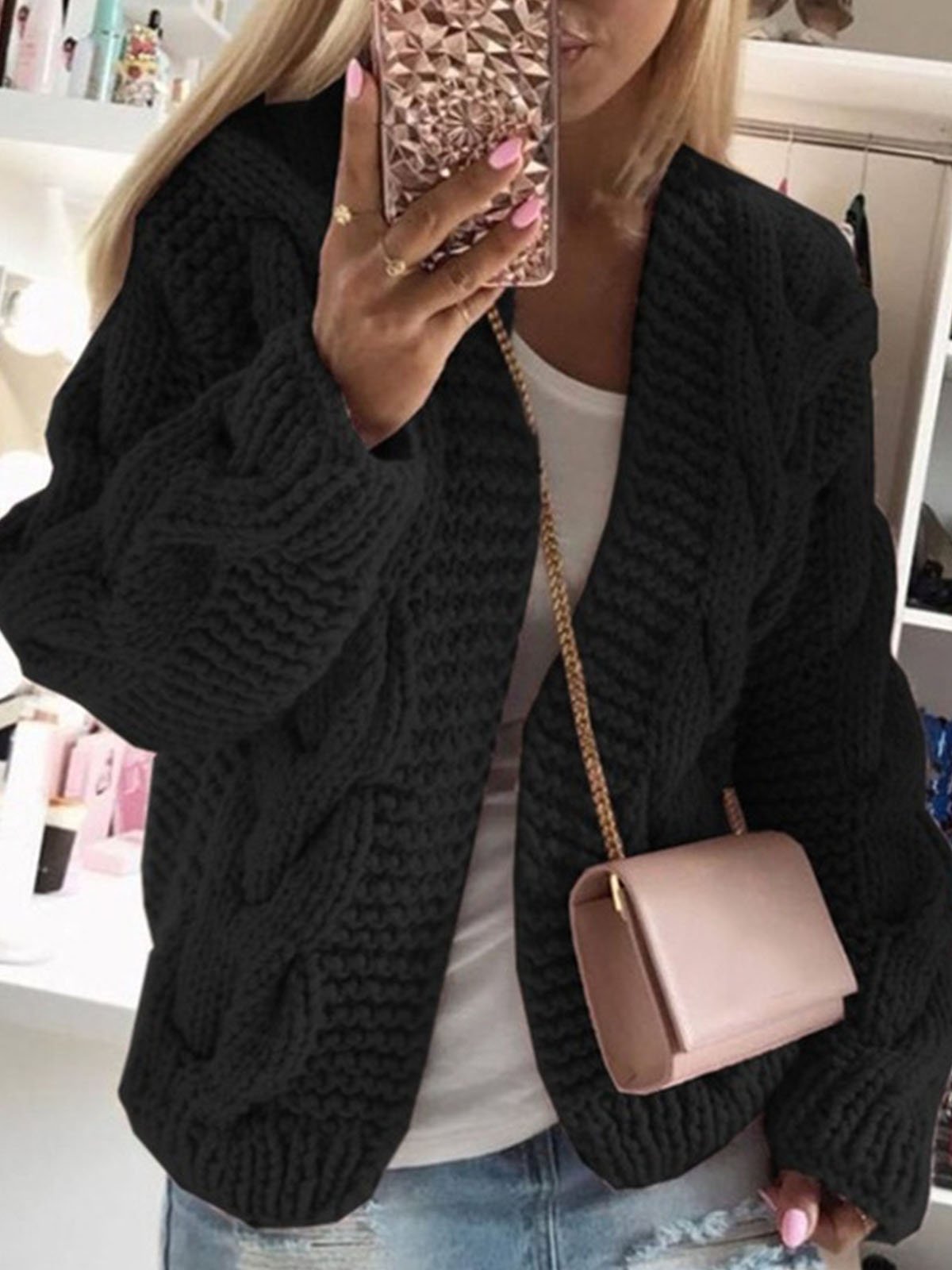 Loose Casual Yarn/Wool Yarn Plain Hoodie Cardigan