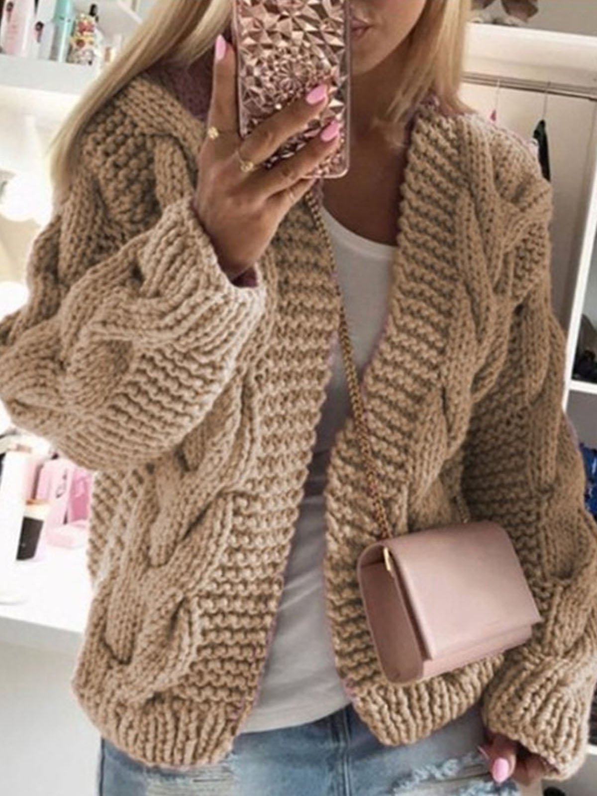 Loose Casual Yarn/Wool Yarn Plain Hoodie Cardigan