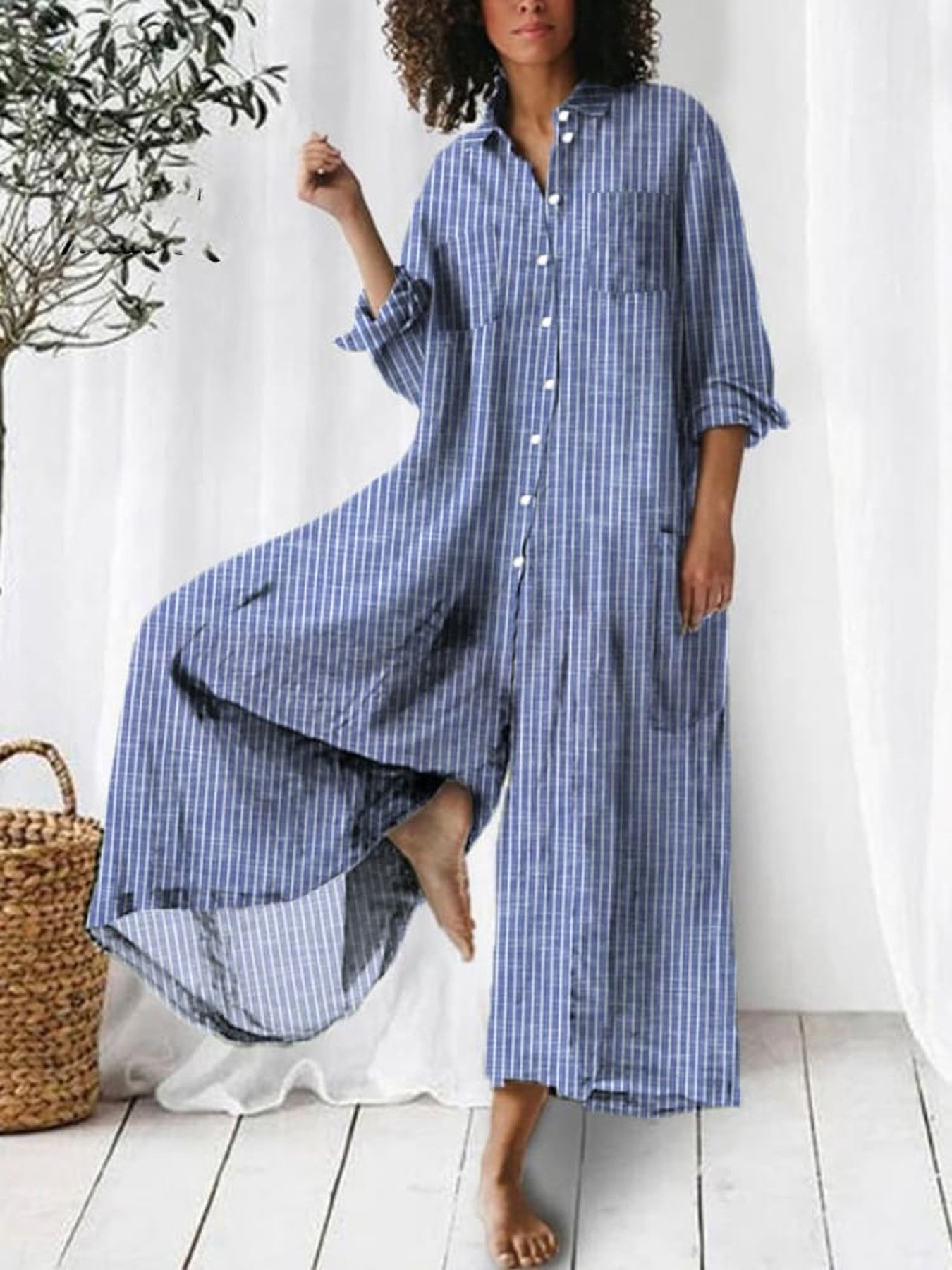 Buttoned Casual Shawl Collar Striped Jumpsuit