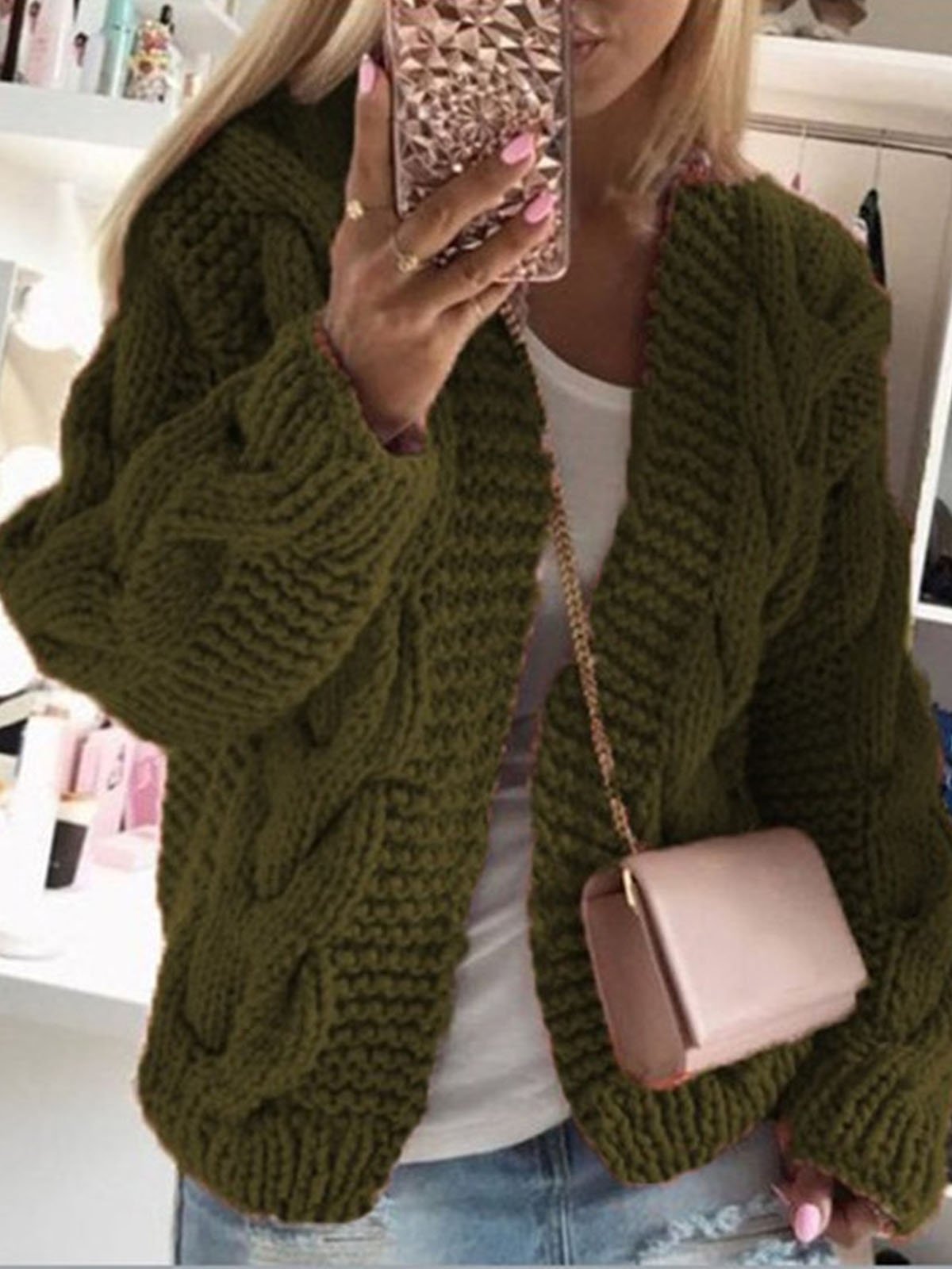 Loose Casual Yarn/Wool Yarn Plain Hoodie Cardigan