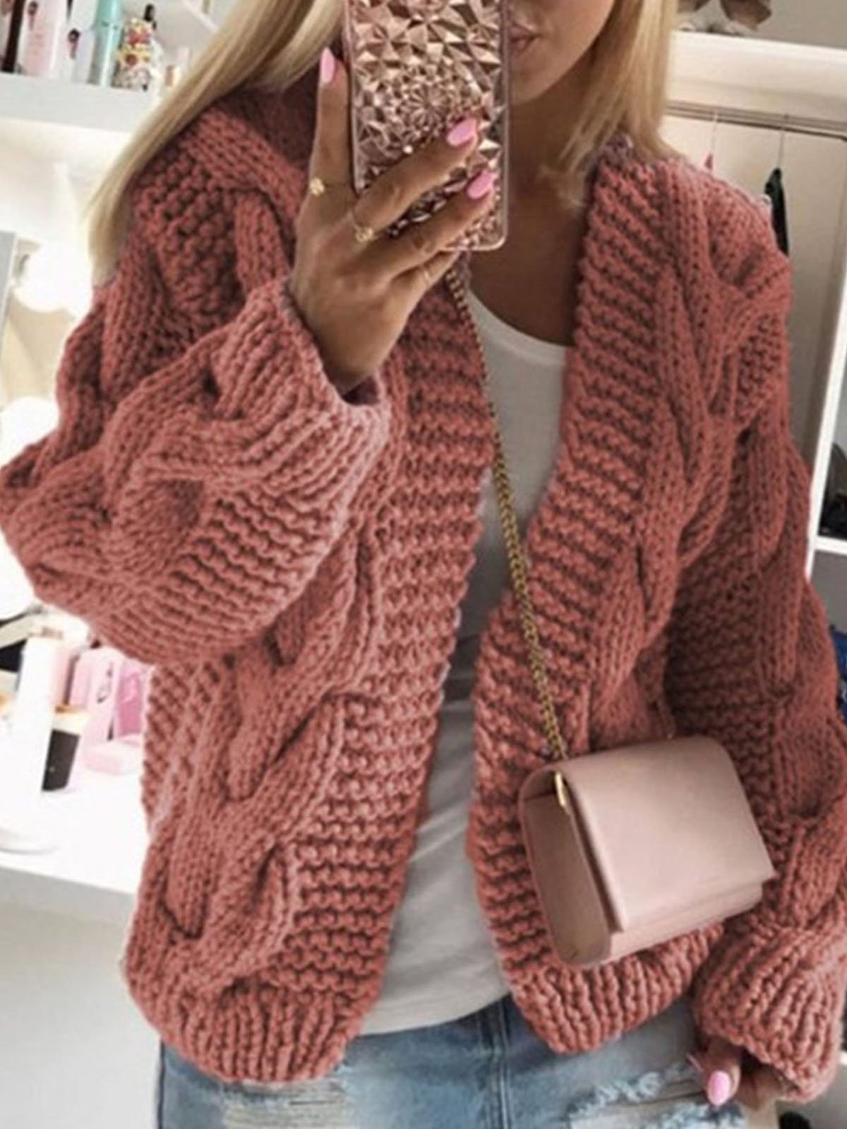 Loose Casual Yarn/Wool Yarn Plain Hoodie Cardigan