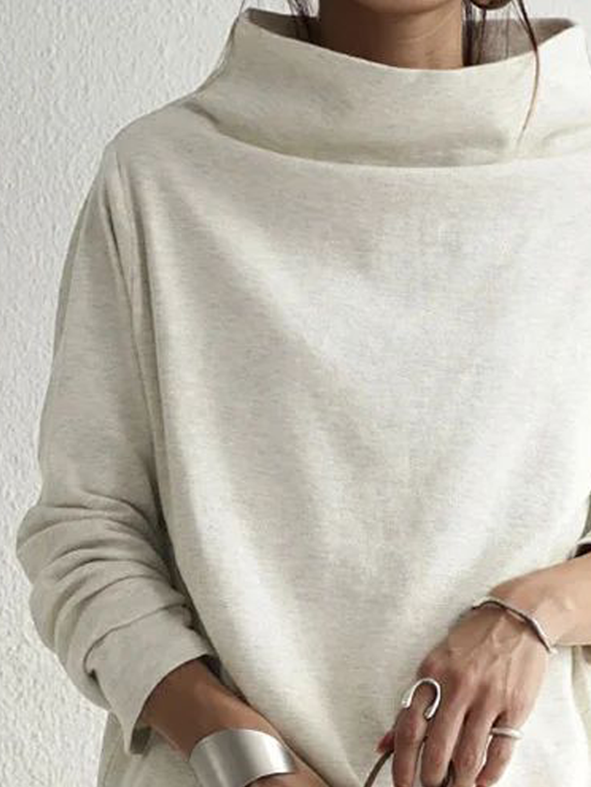 Women Plain Mock Neck Linen Long Sleeve T-shirt