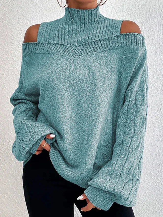 Turtleneck Balloon Sleeve Plain Wool/Knitting Casual Sweater