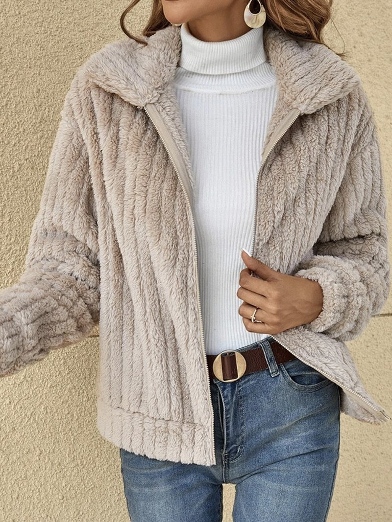 Casual Shawl Collar Zipper Plain Teddy Jacket