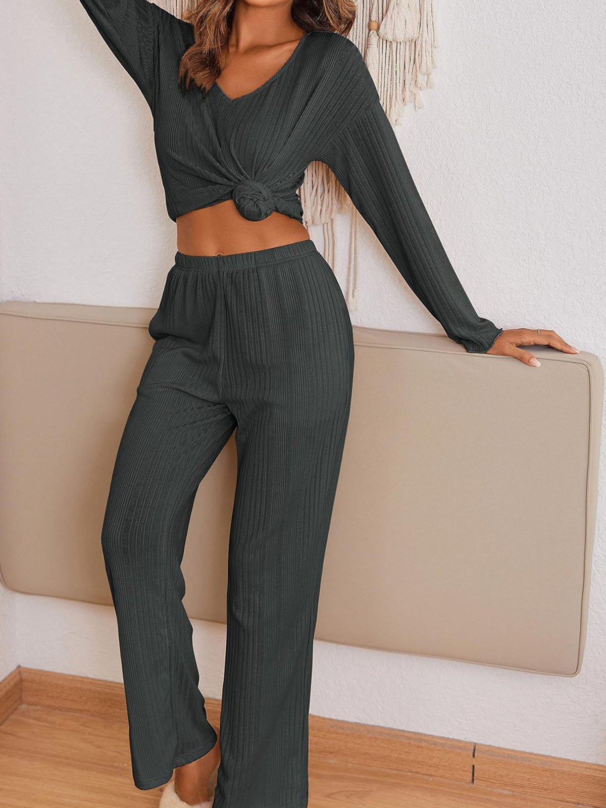 Loose Casual V Neck Plain Two-Piece Set