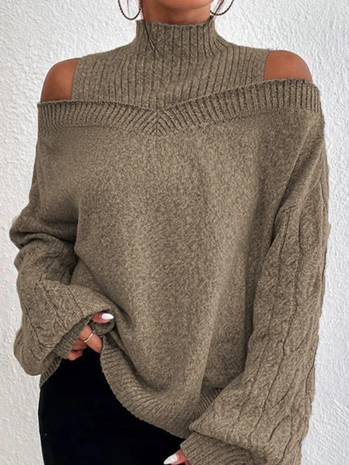 Turtleneck Balloon Sleeve Plain Wool/Knitting Casual Sweater