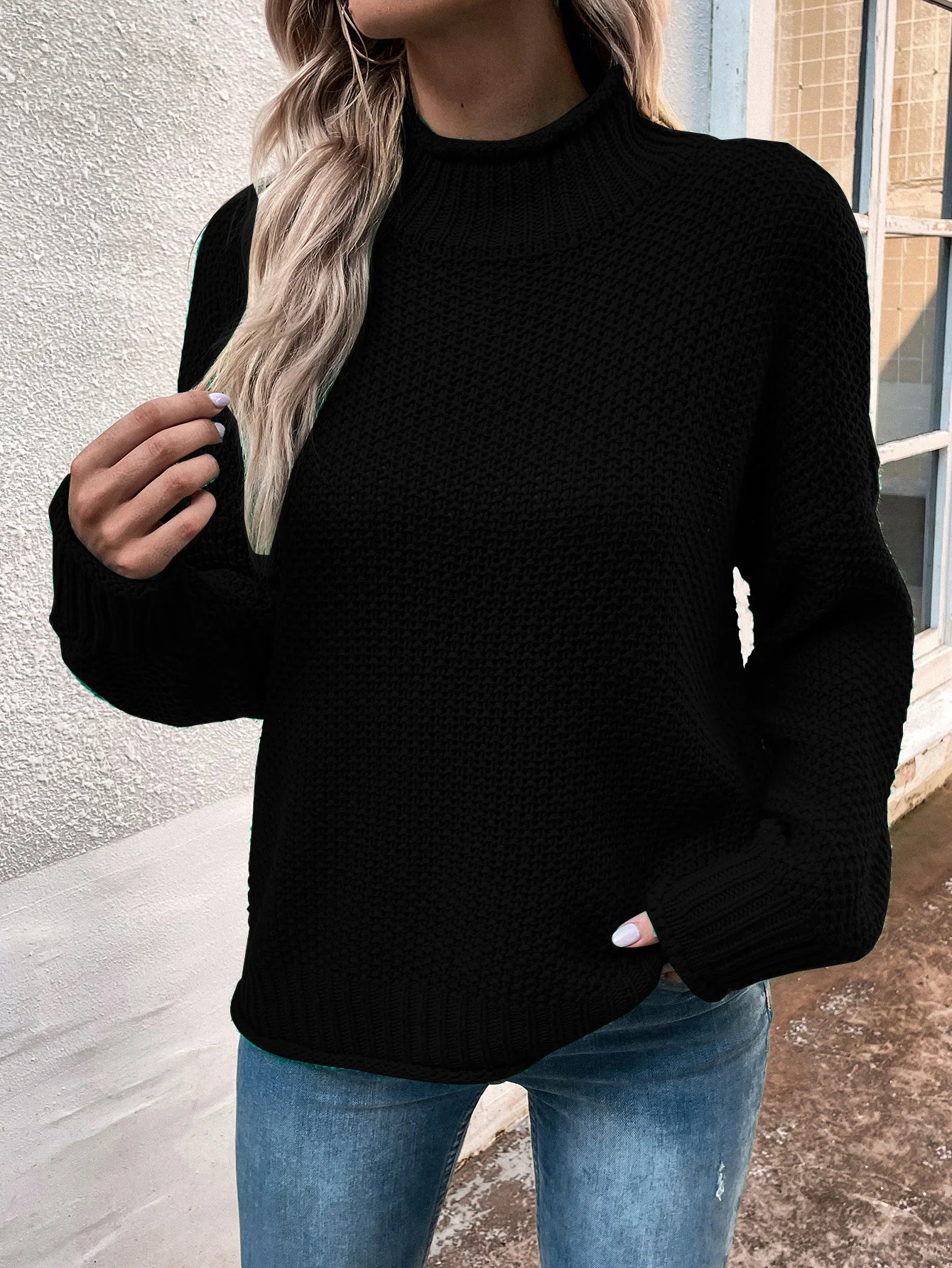 Wool/Knitting Mock Neck Loose Casual Sweater