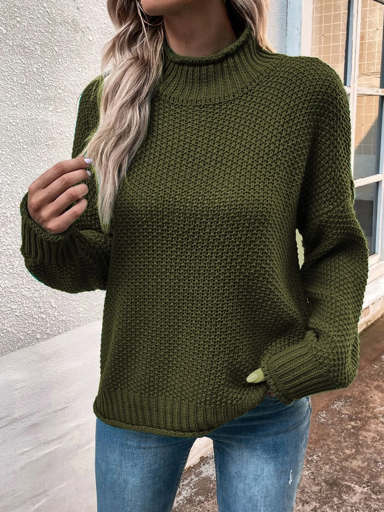 Wool/Knitting Mock Neck Loose Casual Sweater