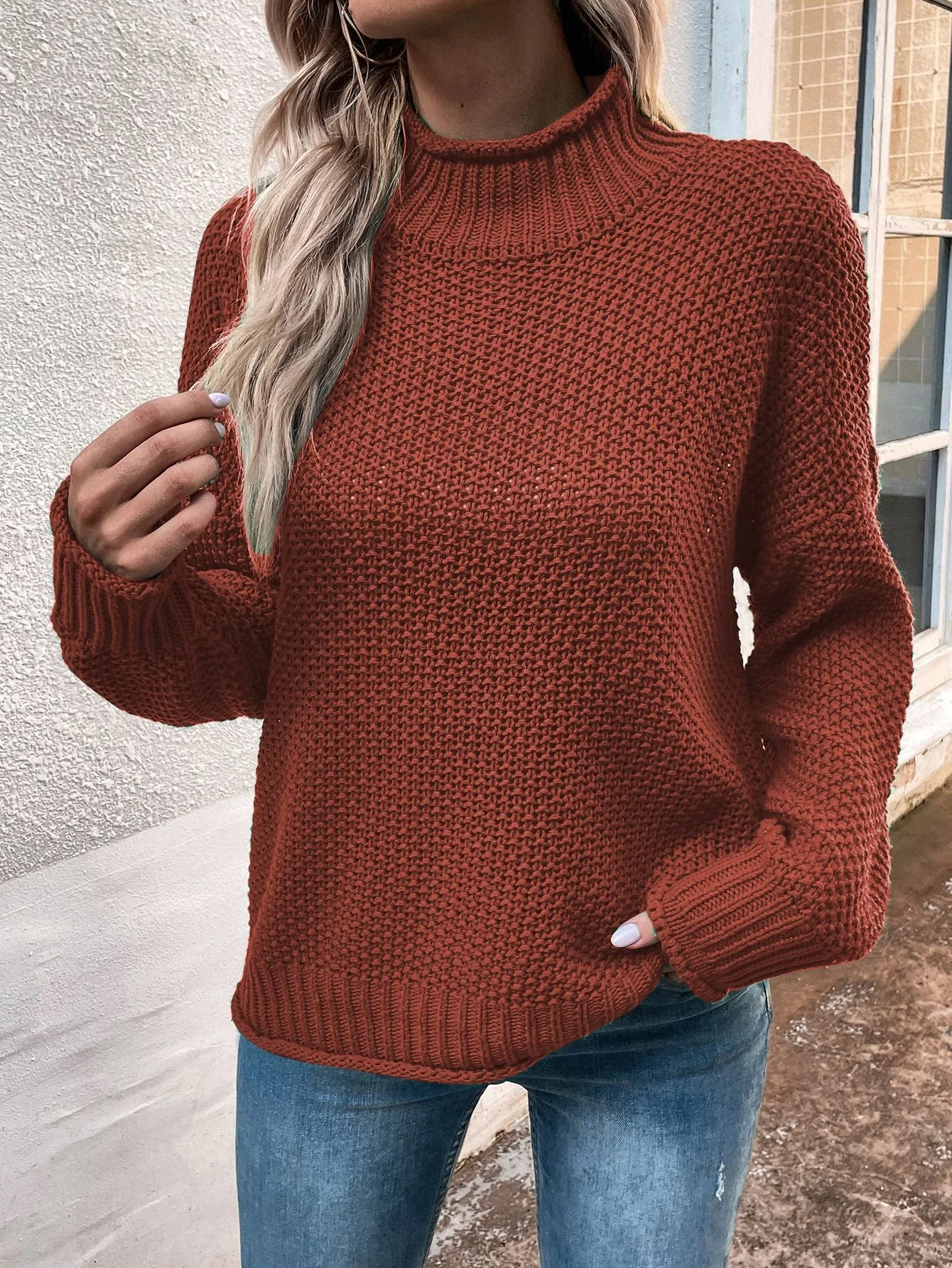 Wool/Knitting Mock Neck Loose Casual Sweater