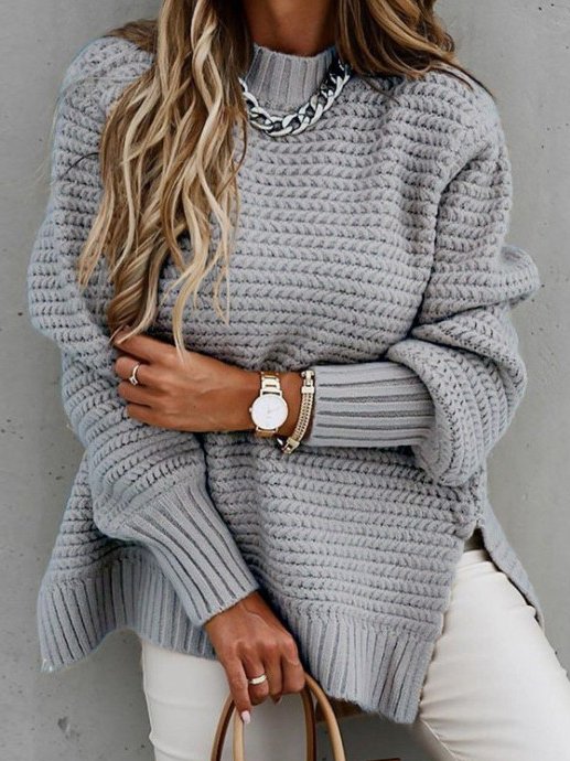 Casual Plain Loose Yarn/Wool Yarn Sweater