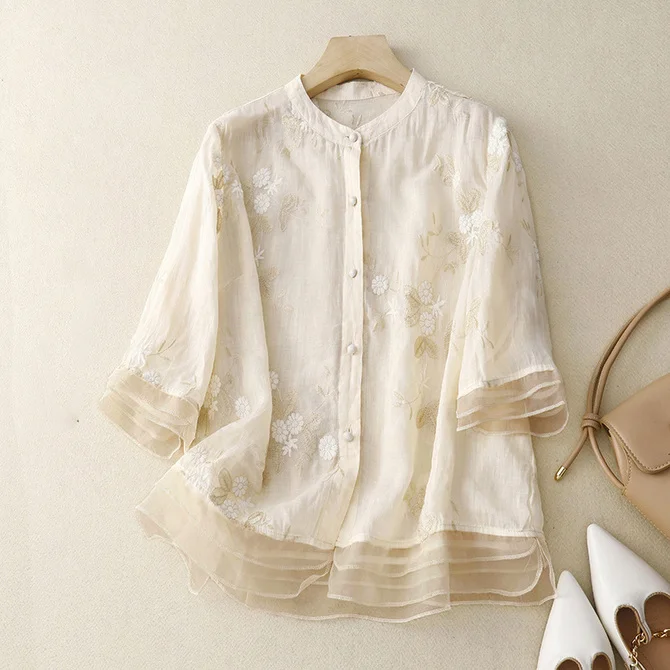 Shirt Blouse Women's Embroidered Fashion Round Neck Cotton Causal Blouse