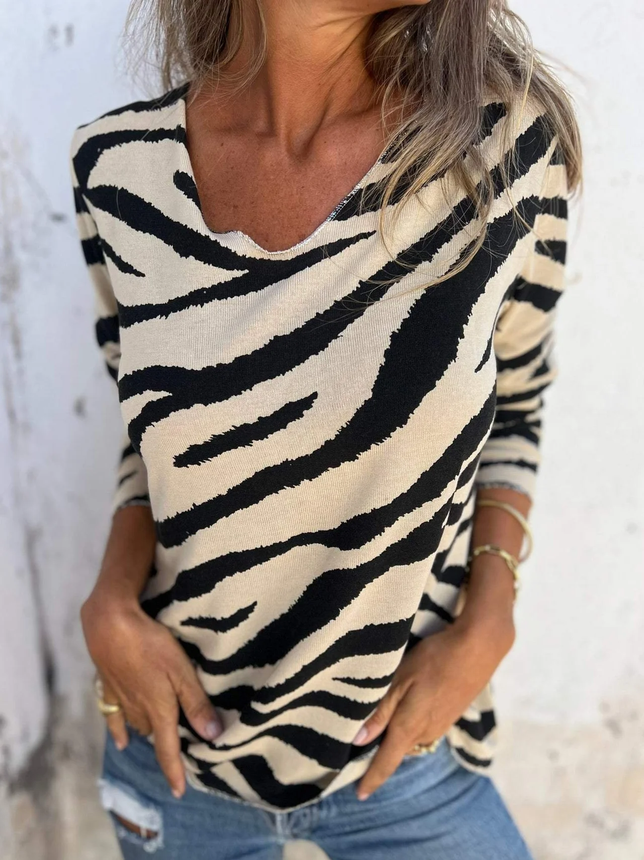 Women Striped V Neck Casual Long Sleeve T-shirt