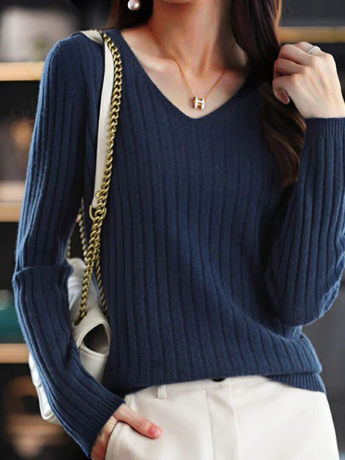 Casual V-neck Yarn/Wool Yarn Plain Sweater