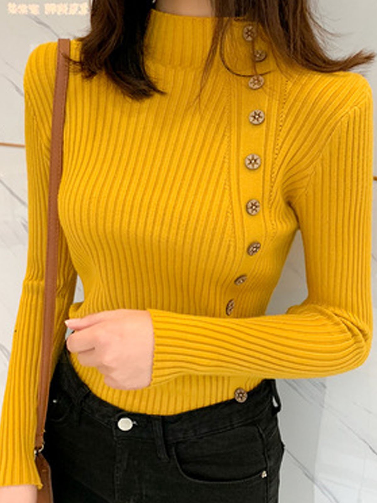 Mock Neck Buckle Casual Plain Sweater