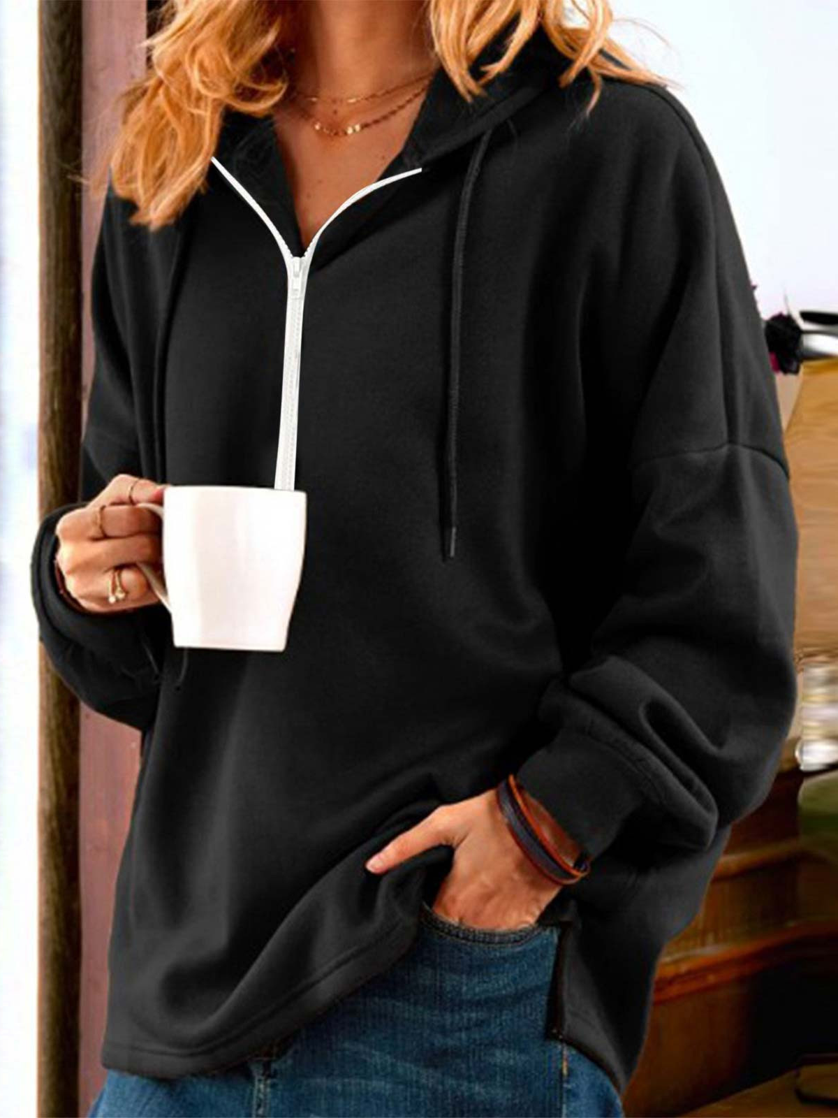 Loose Casual Zipper Plain Sweatshirt