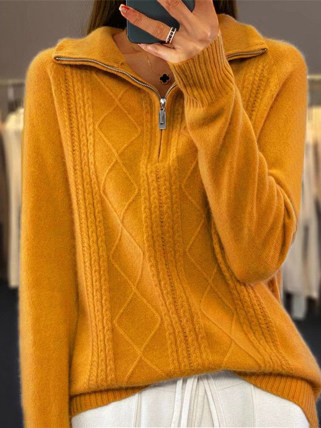 Casual Plain Zipper Yarn/Wool Yarn Sweater