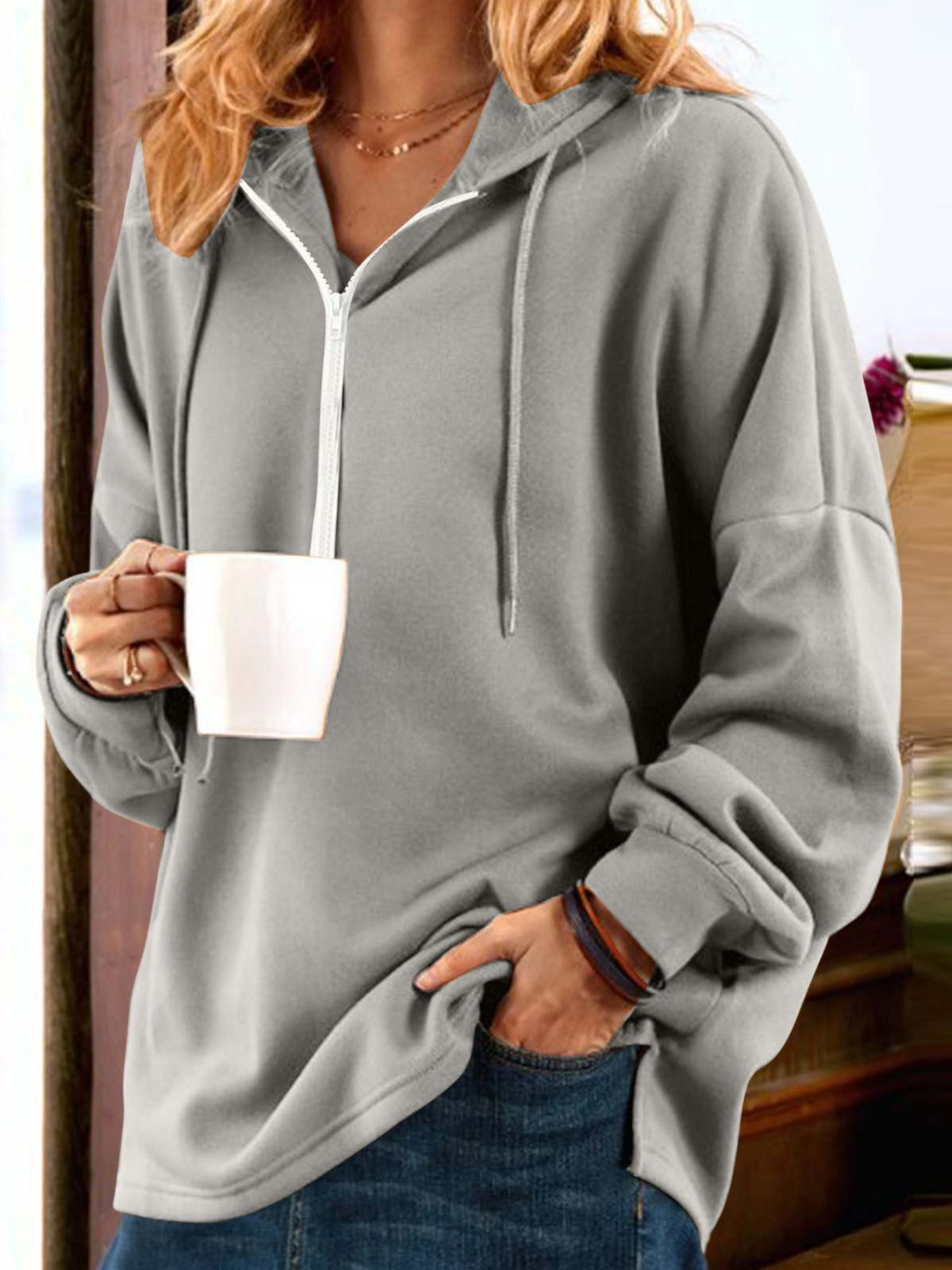 Loose Casual Zipper Plain Sweatshirt