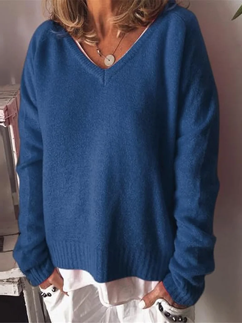 Plain V Neck Loose Casual Sweater