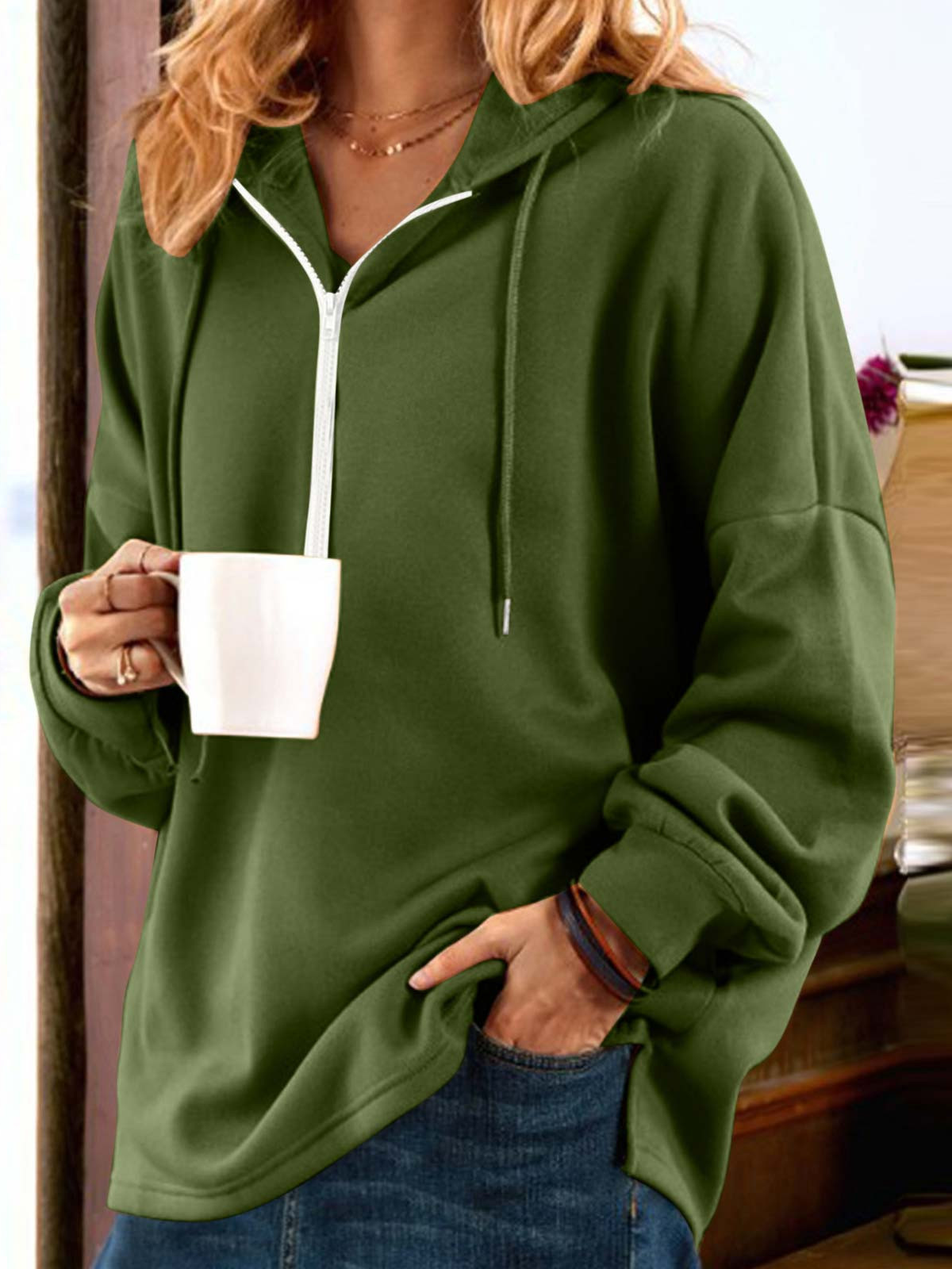 Loose Casual Zipper Plain Sweatshirt