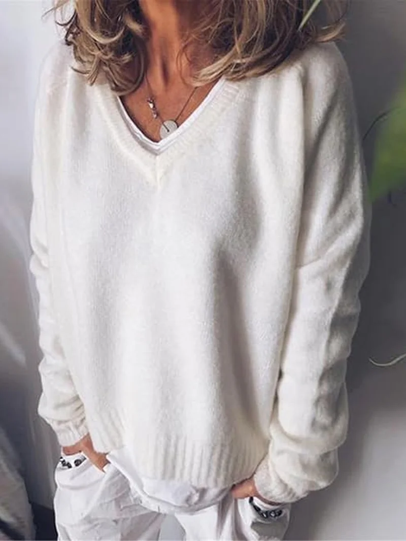 Plain V Neck Loose Casual Sweater