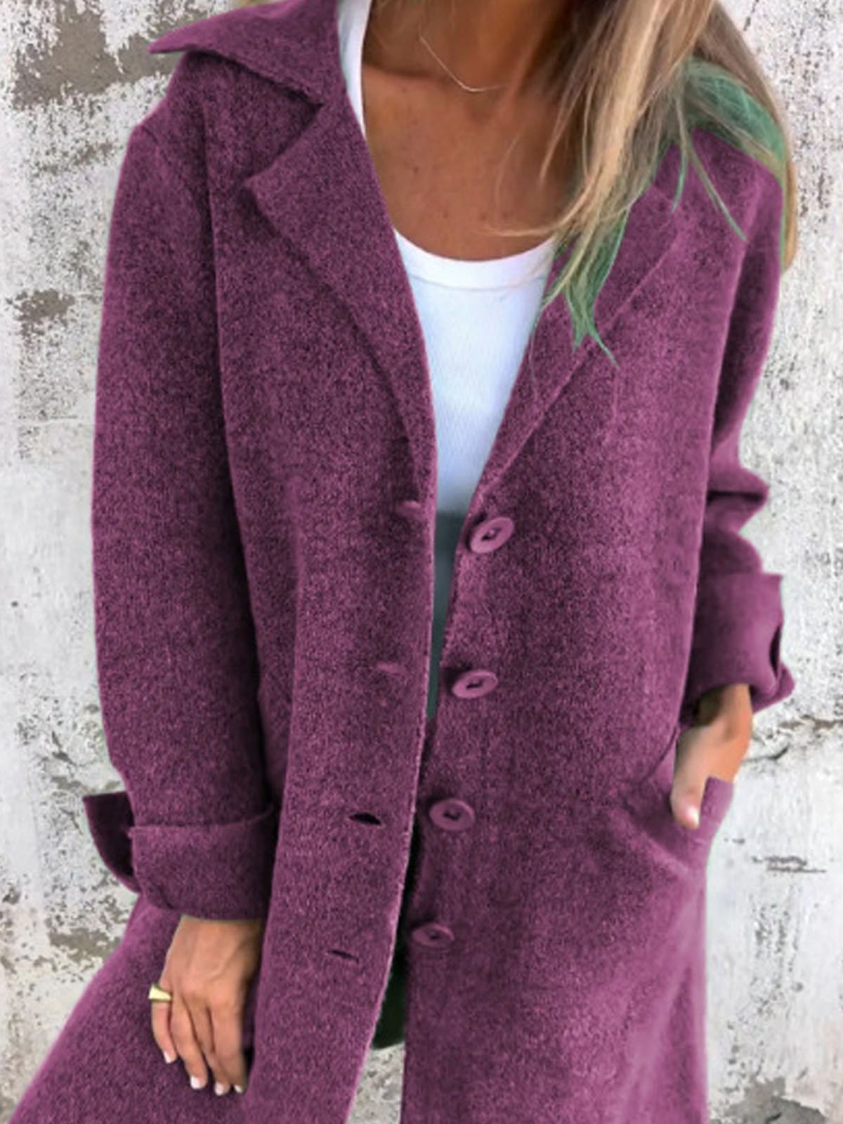 Women's Solid Color Lapel Cardigan with Pockets Single Breasted Mid-Length Jacket