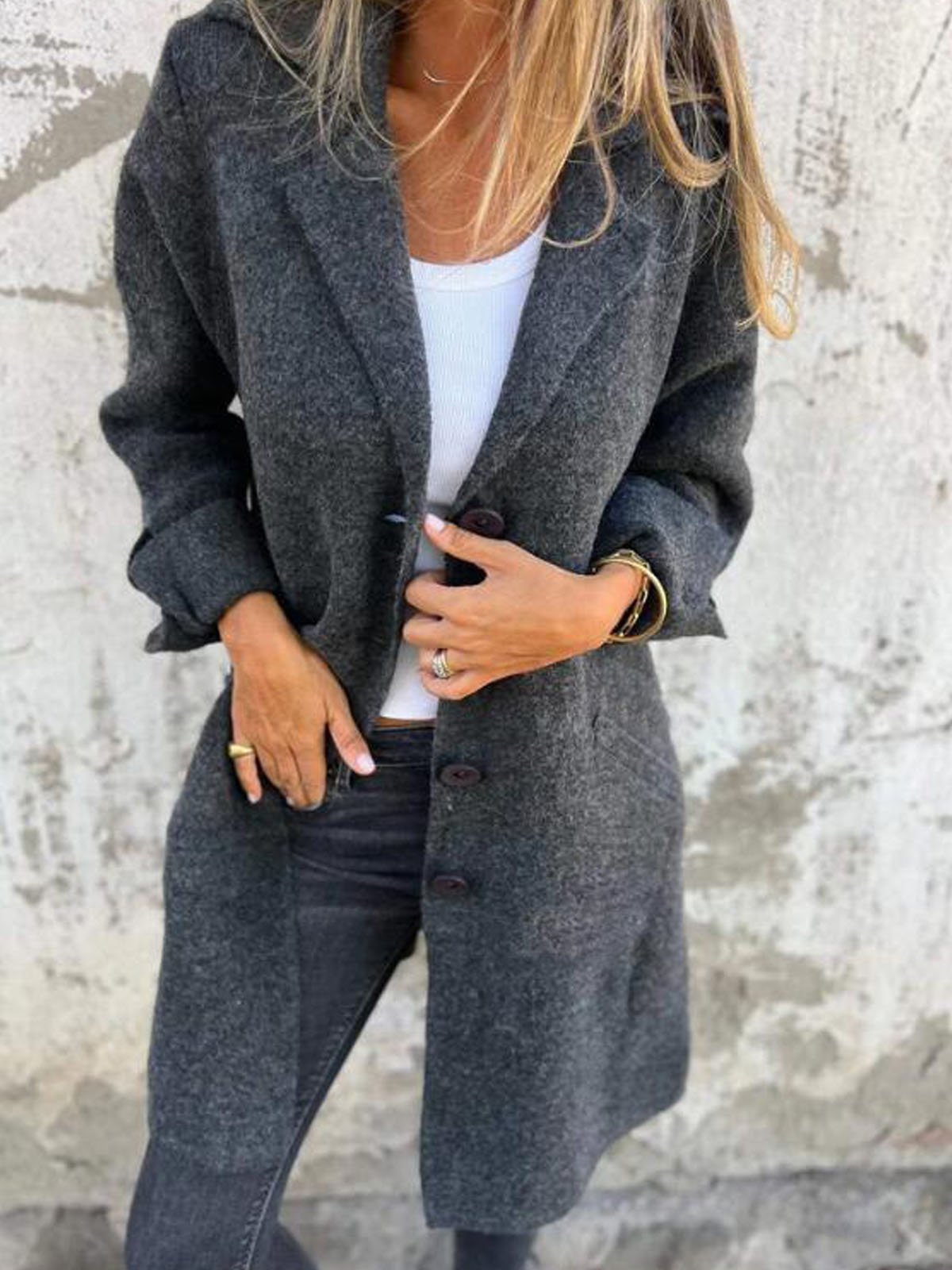 Women's Solid Color Lapel Cardigan with Pockets Single Breasted Mid-Length Jacket