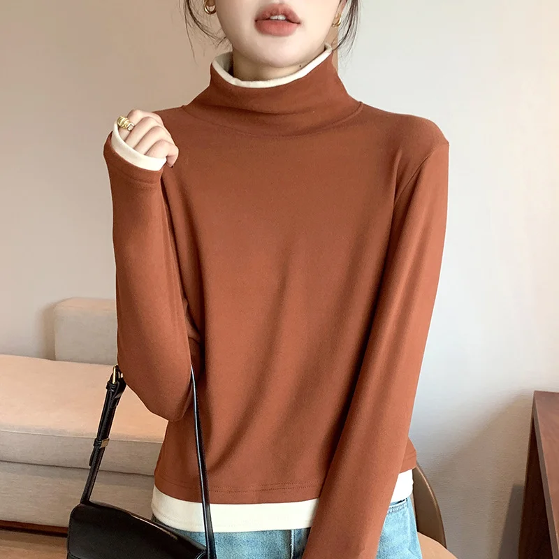 Women Color Block Turtleneck Casual Long Sleeve T-shirt