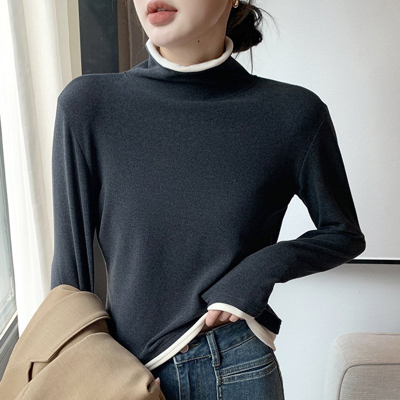 Women Color Block Turtleneck Casual Long Sleeve T-shirt