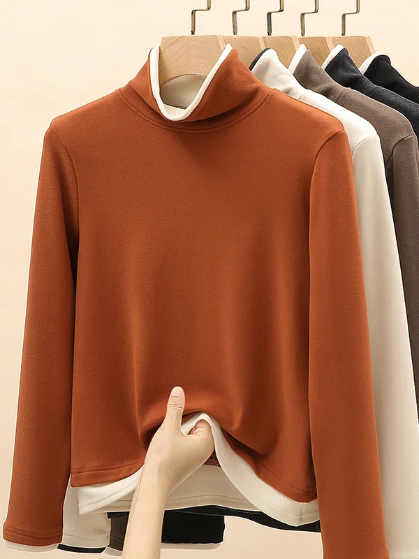 Women Color Block Turtleneck Casual Long Sleeve T-shirt