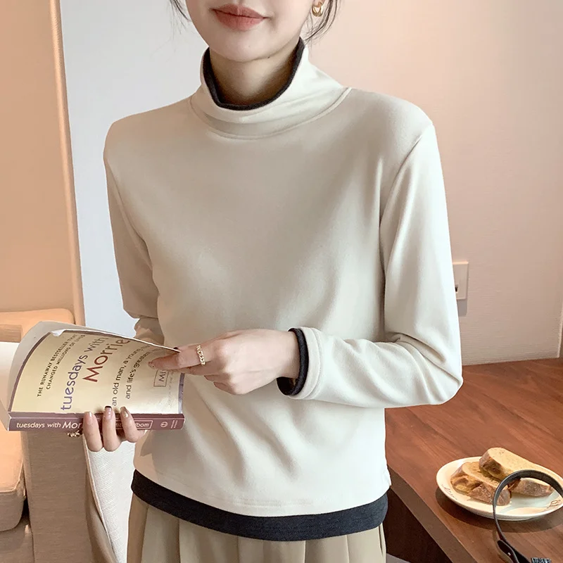 Women Color Block Turtleneck Casual Long Sleeve T-shirt