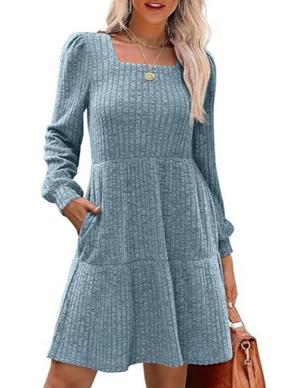 Women's Long Sleeve Spring/Fall Black Plain Crew Neck Daily Going Out Casual Mini A-Line Dress